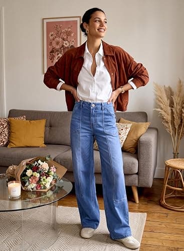 Sidefeel Women's Wide Leg Jeans High Waisted Stretchy Baggy Denim Pants | Patch Slant Pockets, Patchwork, Full Length, Boyfriend, Fashion Clothing, Western Outfit, Country Concert Outfits thumbnail 6