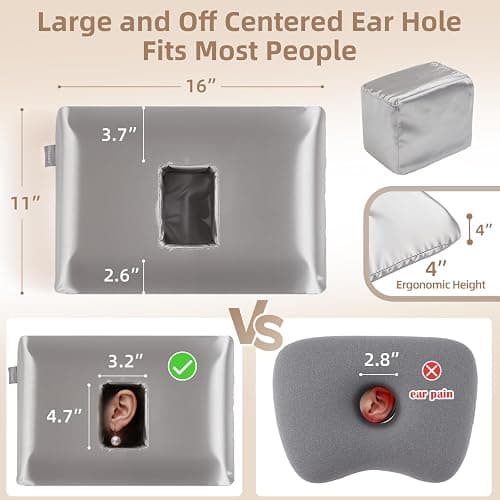USlixury® Ear Piercing Pillow for Side Sleepers with Off-Center Hole | Large 4.7x3.2" Off-Center Hole Fits Most Necks for Ear Pain/CNH, Memory Foam, Champagne Satin Case and Foam Plug, 16x11x4" thumbnail 2