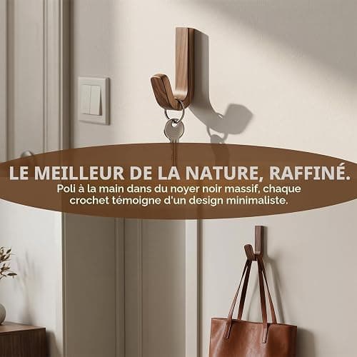 Lot de 6 Patères en J Couleur Noyer, pour Salle de Bain, Chambre, Entrée | Crochets Autocollants en Bois de Noyer Type J, Surface Polie, Wall Mount Walnut Wooden Hooks for Hanging, Patère Bois Murale thumbnail 3