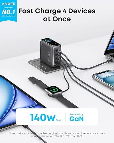 Anker Laptop Charger, 140W MAX USB C Charger, 4-Port Multi-Device Fast Charging, Advanced GaN Power Adapter, Intuitive Touch Controls, for MacBook, iPhone 17/16 Series, Samsung Galaxy, Pixel, and More thumbnail 2