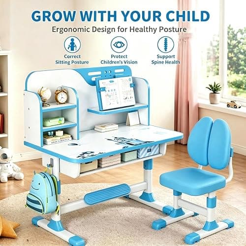 Tazauue Kids Desk and Chair Set, Height Adjustable Children Study Table and Chair, Desk for Kids, Toddler Writing Table with Bookstand and Storage Drawer, Mesa para Niños for Boys Girls thumbnail 2