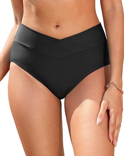 Women V Cut Full Coverage Bikini Bottom - High Waist Swim Bathing Suit Bottoms Cross V Front Swimsuit - Black - Medium - Image 1