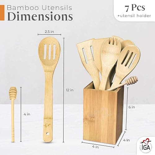 IGA Organic Bamboo Cooking Utensils Set Spoons, Spatulas With Holder For High Heat Resistant In Nonstick Pots, Pans & Cast Irons Skillets (8-Piece Set) Great Gift Idea For Everyday Use thumbnail 2