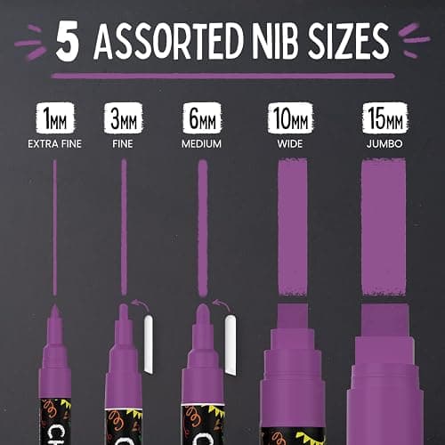 5 Purple Chalkboard Chalk Pens - Purple Dry Erase Markers for Blackboard, Chalkboard Signs, Windows, Glass | Variety Pack - Fine & Jumbo Size Ink Pen (1mm, 3mm, 6mm, 10mm, 15mm) thumbnail 2