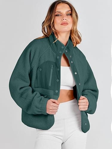 ANRABESS Womens Fuzzy Fleece Jacket Fall Casual Long Sleeve Cropped Sherpa Button Down Shacket Coats Outwear With Pockets thumbnail 2