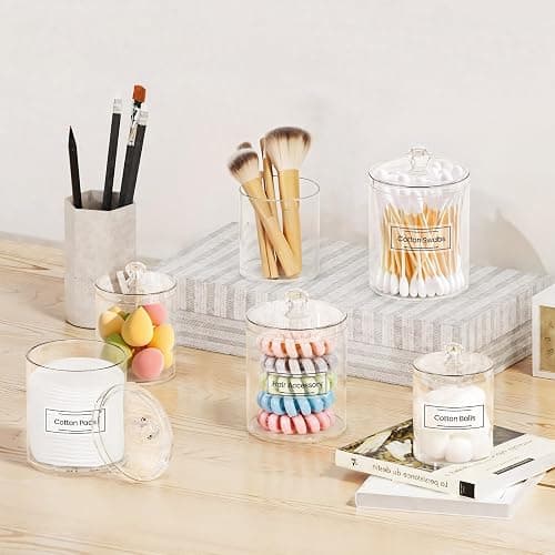 MateeyLife Qtip Holder 6 Pack, Acrylic Q-tip Dispenser for Cotton Pads, Swabs, Balls, Storage Containers for Organizing, Clear Bathroom Canisters with Lid, Apothecary Jars Home Decor Accessories Set thumbnail 2