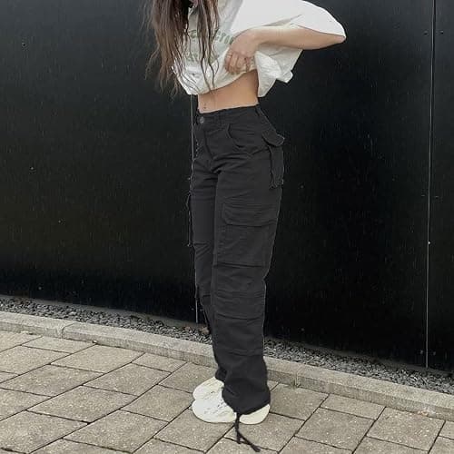 Viatabuna High Waisted Cargo Pants for Women Baggy Y2k Straight Wide Leg Pants with Pockets Streetwear thumbnail 4