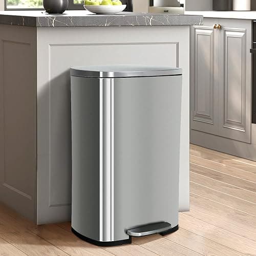 BIQWBIC 50 Liter / 13 Gallon Kitchen Trash Can, Stainless Steel with Lid, Foot Pedal and Inner Bucket, Fingerprint-Resistant Soft Close Lid Garbage Can, Odor Proof and Hygienic - Stainless Steel - Image 1