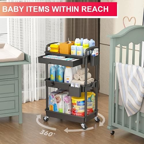 Goovilla 3 Tier Rolling Utility Cart Organizer with Removable Drawer, Stable and Sturdy Black Rolling Storage Carts with 2 Lockable Wheels for Bathroom, Kitchen, Snack, Craft, Makeup, Baby Essentials thumbnail 6