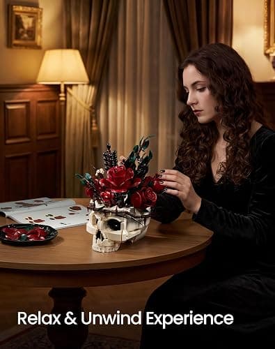 Gothic Skull Rose Flower Bouquet Building Set – Horror Skeleton Botanical Brick Kit for Adults, Gothic Decor with Red Roses, Dark Aesthetic Skull Planter Display, Unique Gift for Women & Goth Lovers thumbnail 5