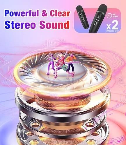 Mini Karaoke Machine, Portable Bluetooth Speaker with 2 Wireless Microphones for Kids & Adults, Karaoke Microphone with LED Lights, Gifts for Girls & Boys thumbnail 2