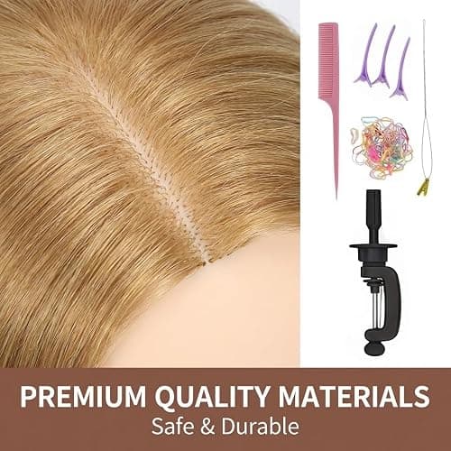100% Real Hair Mannequin Head Training Head Manikin Cosmetology Doll Head for Hairdresser Practice Braiding Hair Styling with Clamp stand (26-28inch) thumbnail 3