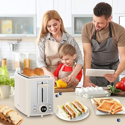 SEEDEEM Toaster 2 Slice, Bread Toaster with LCD Display, 7 Shade Settings, 1.４'' Extra Wide Slots Toaster with Cancel, Bagel, Defrost, Reheat Functions, Removable Crumb Tray, 900W, Cream White - 10.2*6.8*5.9 inch - Cream White thumbnail 7
