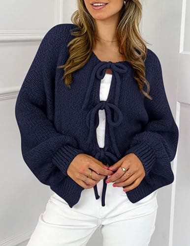 PRETTYGARDEN Women's Tie Front Bow Cardigan Sweaters Chunky Knit Long Puff Sleeve Trendy Fall Winter Jacket Coats thumbnail 4