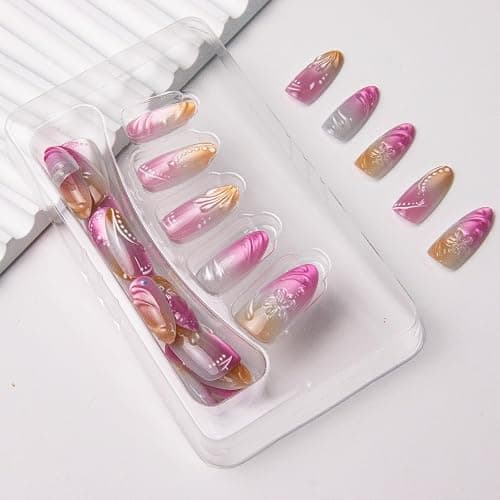 Cat Eye Fake Nails Almond Medium Press on Nails Pink Ombre False Nails Press ons 3D Spring Flowers Acrylic Nails Glossy Gradient Gel Artificial Nail with Designs Jelly for Women Girls Manicure 30Pcs thumbnail 6