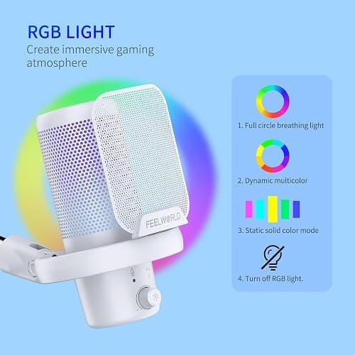 FEELWORLD VM1 White Gaming PC USB Microphone Condenser Mic with Noise Cancellation Mute RGB Light, Computer Accessories Gifts for Gamer YouTube Twitch Podcast Streaming Recording Online Chat PS4 PS5 thumbnail 4