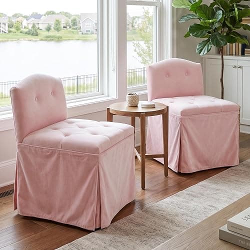 DM Furniture Pink Velvet Makeup Vanity Chair with Back & Wheels | Upholstered Skirted Vanity Stool, Metal Legs, Armless, Swivel Slipper Accent Chair, Rolling Desk Chair, Living Room, Bedroom thumbnail 5