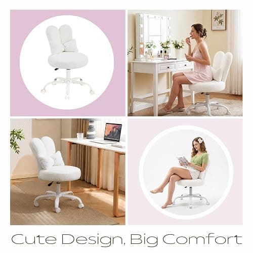 VINGLI Playful Rabbit Ear Swivel White Vanity Desk Chair with wheels&Bow Pillow,Cute Comfy Small Armless Adjustable Rolling Stool for Bedroom/Home Office,for Kids,Teens,Girls,Women,Adults,Teddy Fleece thumbnail 9