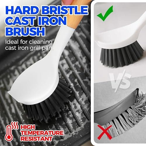 Holikme 3 Pack Dish Brush Set with Bamboo Handle, Kitchen Brushes for Cleaning Pot, Sink and Stove, Skillet Scrubber with Tough Bristles for Cast Iron Grill Pan, Yellow White Black thumbnail 4