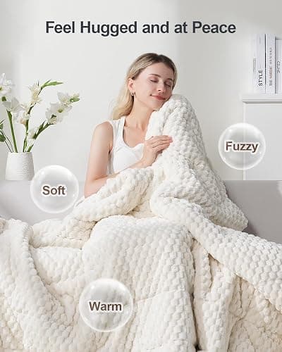 Super Soft Luxury Fleece Sherpa Weighted Blanket 15 lbs for Adults, Turtle Shell Fuzzy Cozy Warm Weighted Throw for Winter, Ceramic Beads Washable Heavy Blankets for Couch Bed, Cream White, 60"x80" thumbnail 4