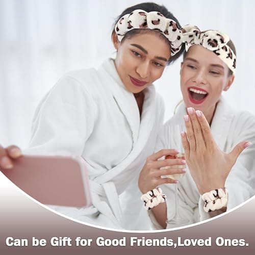 Zkptops 6Pcs Spa Headband for Washing Face Wristbands Set Women Bubble Makeup Sponge Plush Padded Puffy Skincare Headband Bow Tie Hairband Cute Non Slip Thick Hair Accessory Gifts(Beige Leopard) thumbnail 2