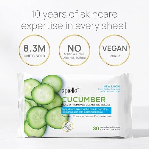 Epielle Makeup Remover Wipes, Remove Dirt, Oil, Waterproof Mascara, Gentle Daily Facial Cleanser Towelettes with Vitamin C, Watermelon & Cucumber, Hypoallergenic & Alcohol-Free, 30 Count (Pack of 6) thumbnail 3