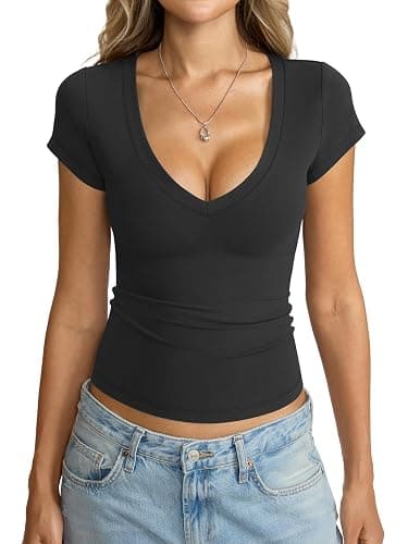 EasyGala Womens Deep V Neck Short Sleeve Shirts Sexy Slim Fitted Crop Tops | Buttery-soft Fabric, Low Cut, Casual Layering, Summer, Cute, Going Out, Dailywear, Date Night, Party, Beach Vacation Clothes - Image 1