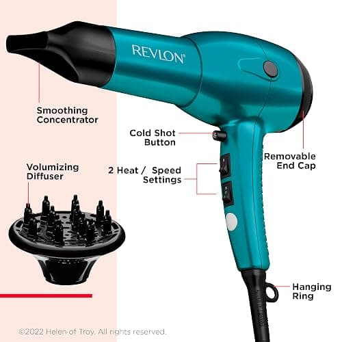 Revlon RV544FBLF Advanced Ionic Technology™ Hair Dryer with Diffuser, Powerful, Hair Dryer with Concentrator, Quick Dry, Lightweight, 2 Heat/ Speed Settings, Less Frizz, Shiny and Smooth Hair, Blue thumbnail 4
