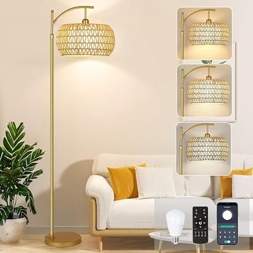 Gold Floor Lamp for Living Room with 3 Color Temperatures,Arc Boho Floor Lamps with Remote Control, Rattan Standing Lamp with Wicker Lamp Shades Dimmable Tall Floor Lamp For Bedroom Living Room Corner - Image 1