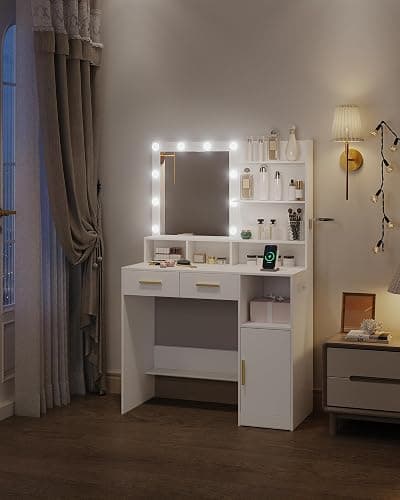 Hzuaneri Vanity Desk with Mirror and 10 LED Lights, Power Strip Makeup Vanity with 3 Shelves, Dressing Table with Drawers & Cabinet, 3 Adjustable Lighting Brightness, White DT34303XCA thumbnail 8