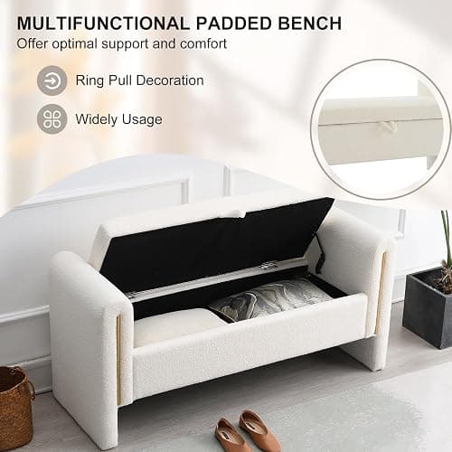 NIOIIKIT 52" Storage Ottoman Bench, Teddy Upholstered Storage Bench with Armrest, Entryway Bench with Pull-Ring, End of Bed Bench with Padded Cushion, Window Bench for Living Room (Beige) thumbnail 5