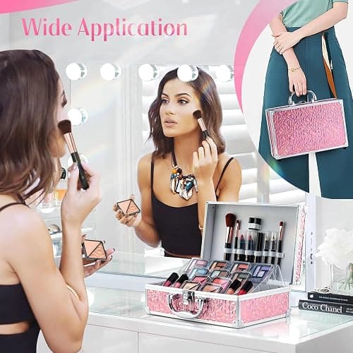 Color Nymph Starter Makeup Kit for Tweens Girls, Train Case for Women Full Kit with Eye Shadow, Lipstick, Blush, Brushes, Lipgloss, Mascara, Brow Wax and Mirror Pink Full Starter Cosmetics Set thumbnail 5