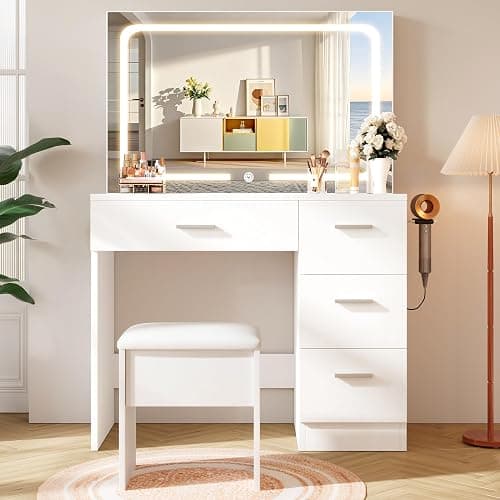 LIVELYGLOW Makeup Vanity Desk Set, White, 35.4“W x 15.7" D x 53.9" H (Large Smart LED Mirror, with Cushion Stool, Hairdryer Rack, Power-Outlet, 4 Drawers) thumbnail 9