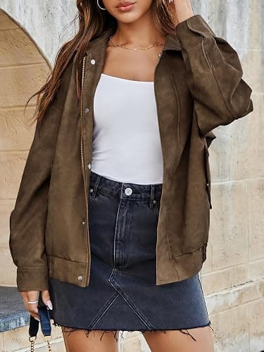 Tankaneo Womens Oversized Leather Jackets Trendy Zip up Bomber Motorcycle Coat 2025 Going out Outfits thumbnail 5