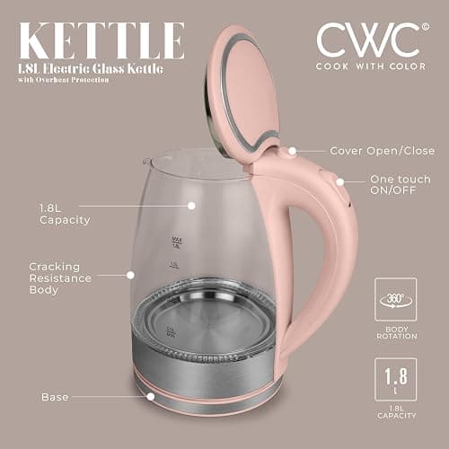 COOK WITH COLOR Electric Tea Kettle, 1.8L Cordless Hot Water Boiler, 1200W Rapid Boil, Auto Shutoff & Boil Dry Protection, BPA-Free, Sleek Countertop Design, Blush thumbnail 3