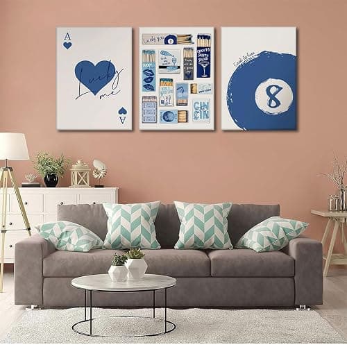 3 Pcs Framed Blue Vintage Matchbox wall art lucky Trendy Red Hearts Playing Wall decor picturesCard Pool Ball Paintings Aesthetic canvas posters prints for girl dormitory apartment Home Decoration - Canvas - 12x16in thumbnail 6
