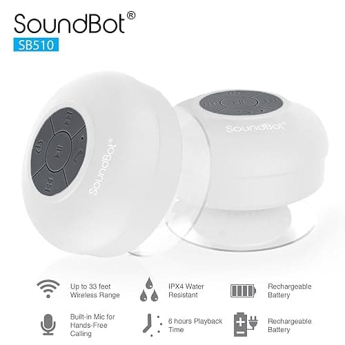 Soundbot® Waterproof Shower Speaker HD Water Resistant Bluetooth Handsfree Portable with Loud Clear Sounds 6+hrs of Playtime, Wireless Suction Cup Small Durable for Outdoors Travel Home SB510 (White) thumbnail 3