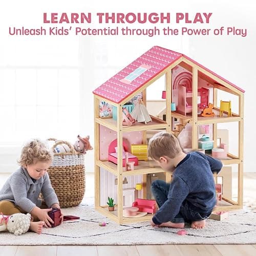 Tiny Land Wooden Dollhouse for Girls - 6 Rooms Wooden Doll House, DIY Pretend Doll House with 31Pcs Furniture Accessories, Creative Gift for Girl Ages 3+ thumbnail 3
