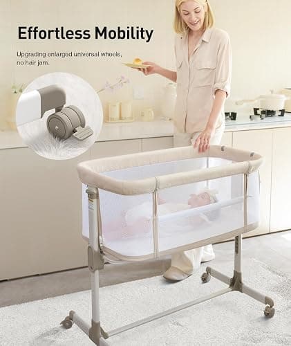 Fodoss Baby Bassinets Bedside Sleeper - All Mesh Bedside Bassinet with Wheels, 7 Height Adjustable Baby Bassinet for Infants, Beige - Image 1