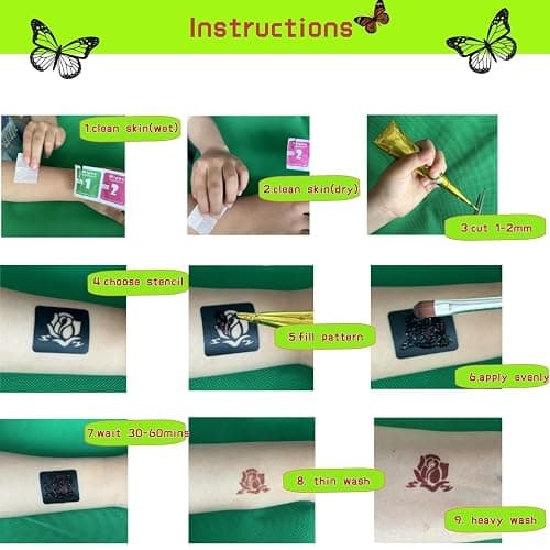 Temporary Tattoos Kit - Large 12 Sheets Temporary Tattoo Stencil Kit - 78 Unique Tattoo Designs - 6 Pcs (Brown/Black/Maroon) Ink with Paint Brush for DIY Body Art - Tattoos for Women Men Kids thumbnail 5