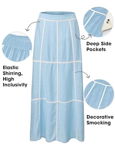 EXLURA Womens Boho Maxi Skirts Summer Flowy Faux Linen Long Skirts Pockets | Grid, A line, High Elastic Waist, Plaid, Dressy Casual Work Skirts, Beach Vacation, Resort Wear, Office, Teacher Outfits thumbnail 4