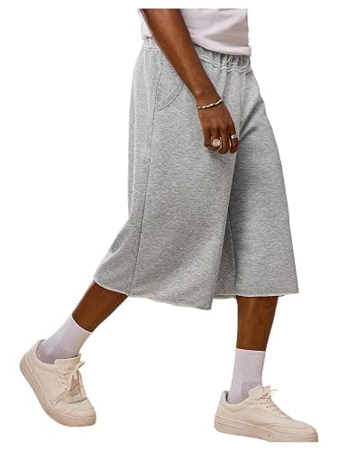 OYOANGLE Men's Capri Sweat Shorts Hip Hop Solid Below Knee Loose Basketball Athletic Shorts with Pockets - Image 1