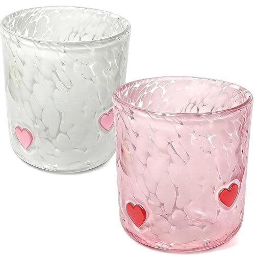 YinNorth 2 Pcs Valentine Icon Juice Glass 14oz Heart Drinking Cocktails Glasses Cute Pink White Stemless Wine Glasses Handblown Old Fashioned Couple Cups for Her Wife Women Birthday Lovely Gifts - Image 1