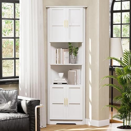 67'' Tall Corner Cabinet with Storage Shelves and 4 Doors, Modern Storage Cabinet with Barn Door Design, Home Space Saver for Living Room, Kitchen, Bathroom, Laundry Room, White - Image 1