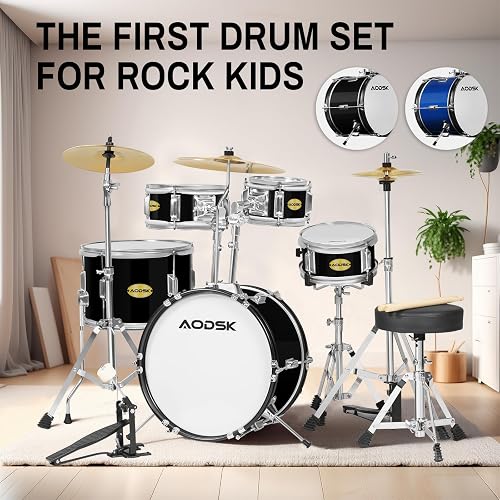 AODSK 5 drums & 3 cymbals 14 Inch Drum Set, Complete Kit w/Throne & Sticks | All Hardware Included, Adjustable Stool, Bass Pedal, Perfect for Young Beginners, Music Class, Holiday Gift, Easy Setup thumbnail 6