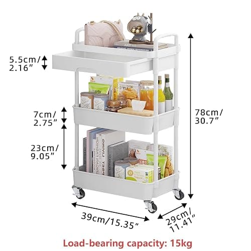 Calmootey 3-Tier Rolling Utility Cart with Drawer,Multifunctional Storage Organizer with Plastic Shelf & Metal Wheels,Storage Cart for Kitchen,Bathroom,Living Room,Office,White thumbnail 3