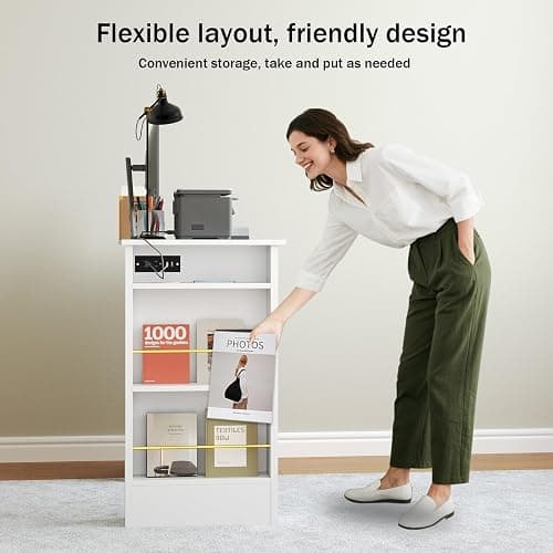 4 EVER WINNER White Desk with Drawers, 48 Inch Small Desks with Power Outlet and Side Shelf, Wood Computer Desk with Storage for Small Spaces, Study, Bedroom, White and Gold thumbnail 6