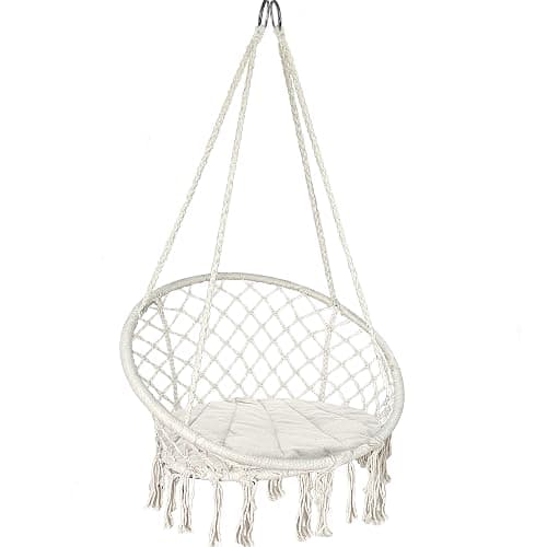 VOUNOT Swing Chair with Round Seat Cushion, Macrame Hammock Hanging Chair for Indoor, Outdoor, Beige - Image 1