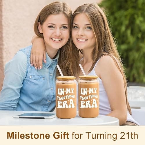 NOOMII 21st Birthday Gifts for Girls – Cute 16Oz Glass Cups with Lids and Straws, Aesthetic Tumblers for Teens, Friend Bestie-21st Birthday Gift for Her thumbnail 4