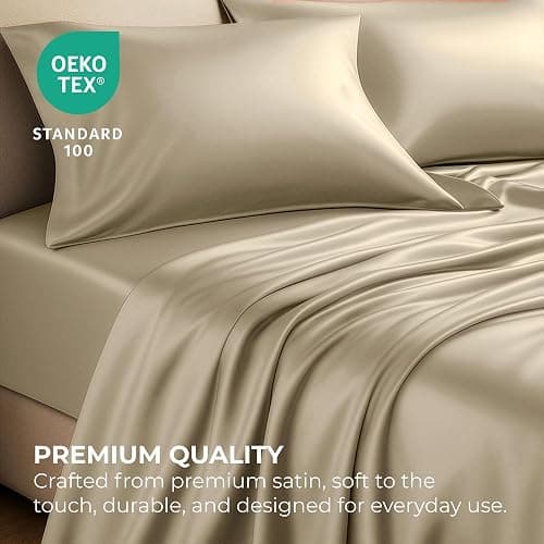 Satin Sheets Queen [4-Piece, Champagne Gold] Hotel Luxury Silky Bed Sheets - Extra Soft 1800 Microfiber Sheet Set, Wrinkle, Fade, Stain Resistant - Deep Pocket Fitted Sheet, Flat Sheet, Pillow Cases thumbnail 5